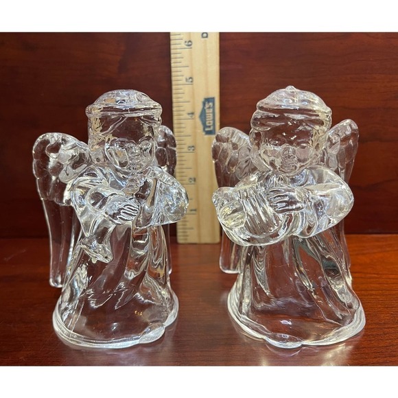 Madison Avenue Set Of 2- Glass Angels  5" with Instruments Candle Holders Heavy - Picture 2 of 7